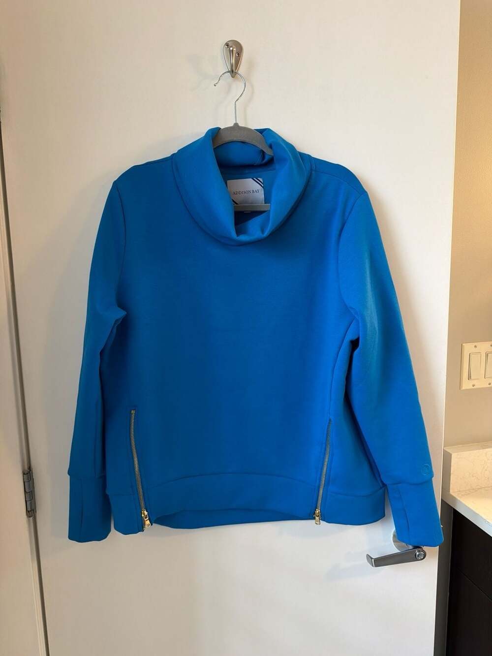 Addison Bay Everyday Pullover in Azure Blue Cowl Neck with Gold Side Zips